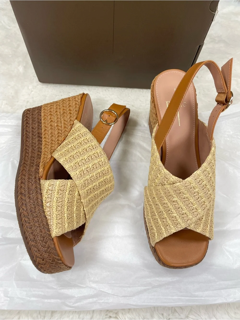 Paolo Beige & Tan Woven Platform Slingback Wedges 9.5